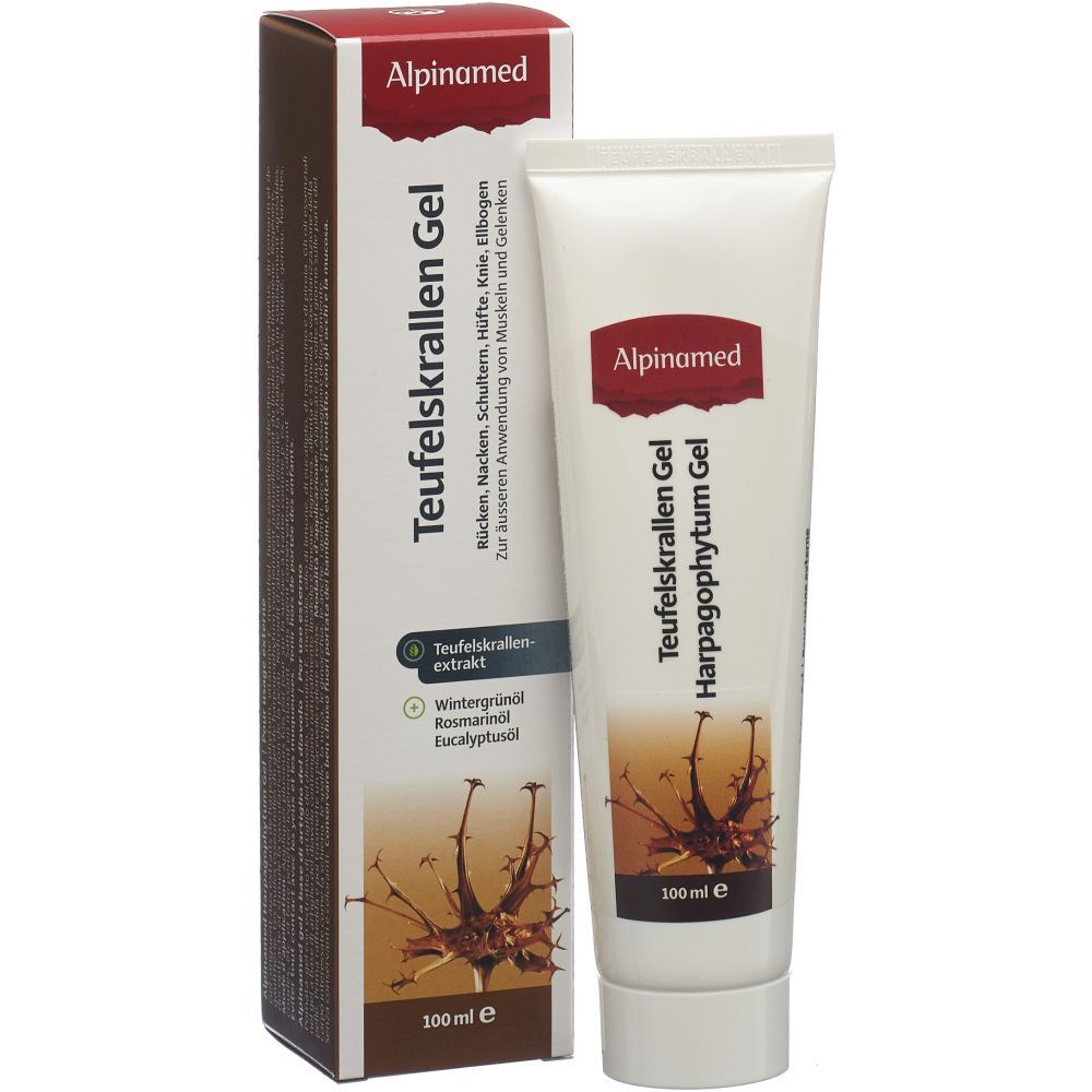 Doos en tube Alpinamed Teufelskrallen Gel. Opschrift: Rug, nek, schouders, heupen, knieën, ellebogen. 100ml.