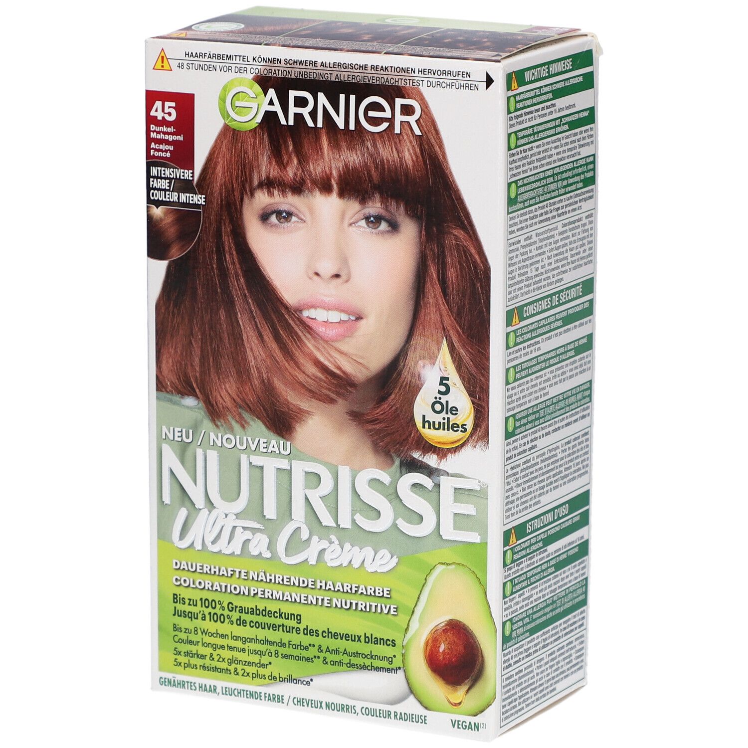 Boîte de coloration capillaire avec femme, illustration d'avocat et nom du produit. Teinte 45 acajou foncé.
