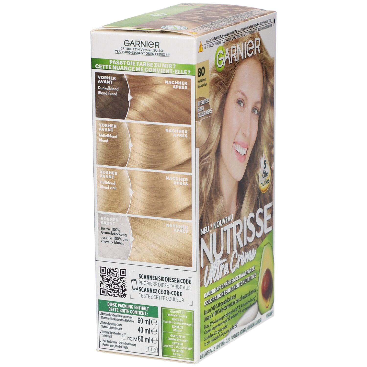 Verpakking Garnier Nutrisse Ultra Crème, tint 80 Lichtblond. Voor/na-vergelijking. QR-code.