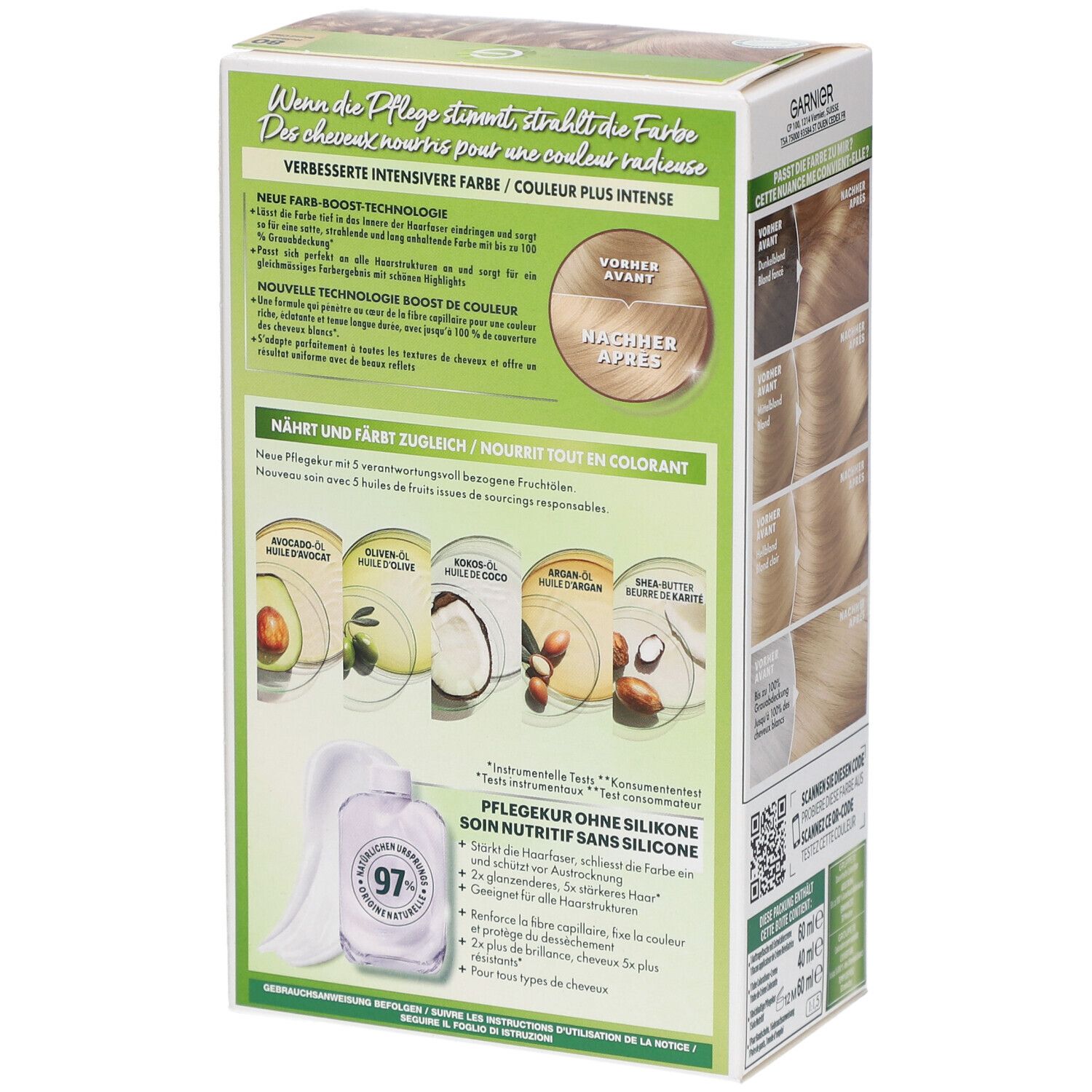 Achterkant verpakking Garnier Nutrisse Ultra Crème. Kleurtechnologie, ingrediënten, verzorging.