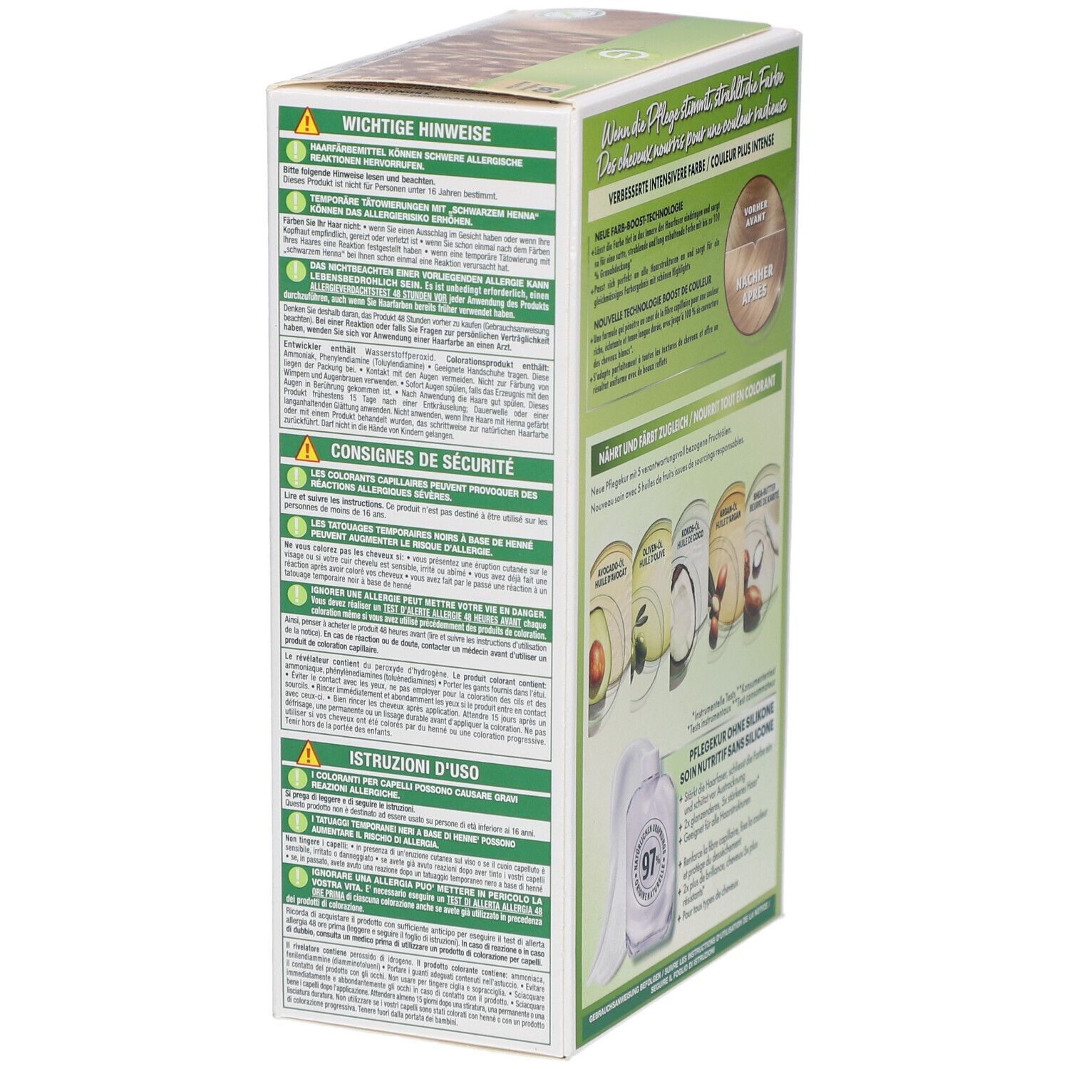 Verpakking Garnier Nutrisse Ultra Crème. Waarschuwingen, gebruiksaanwijzing, ingrediënten.