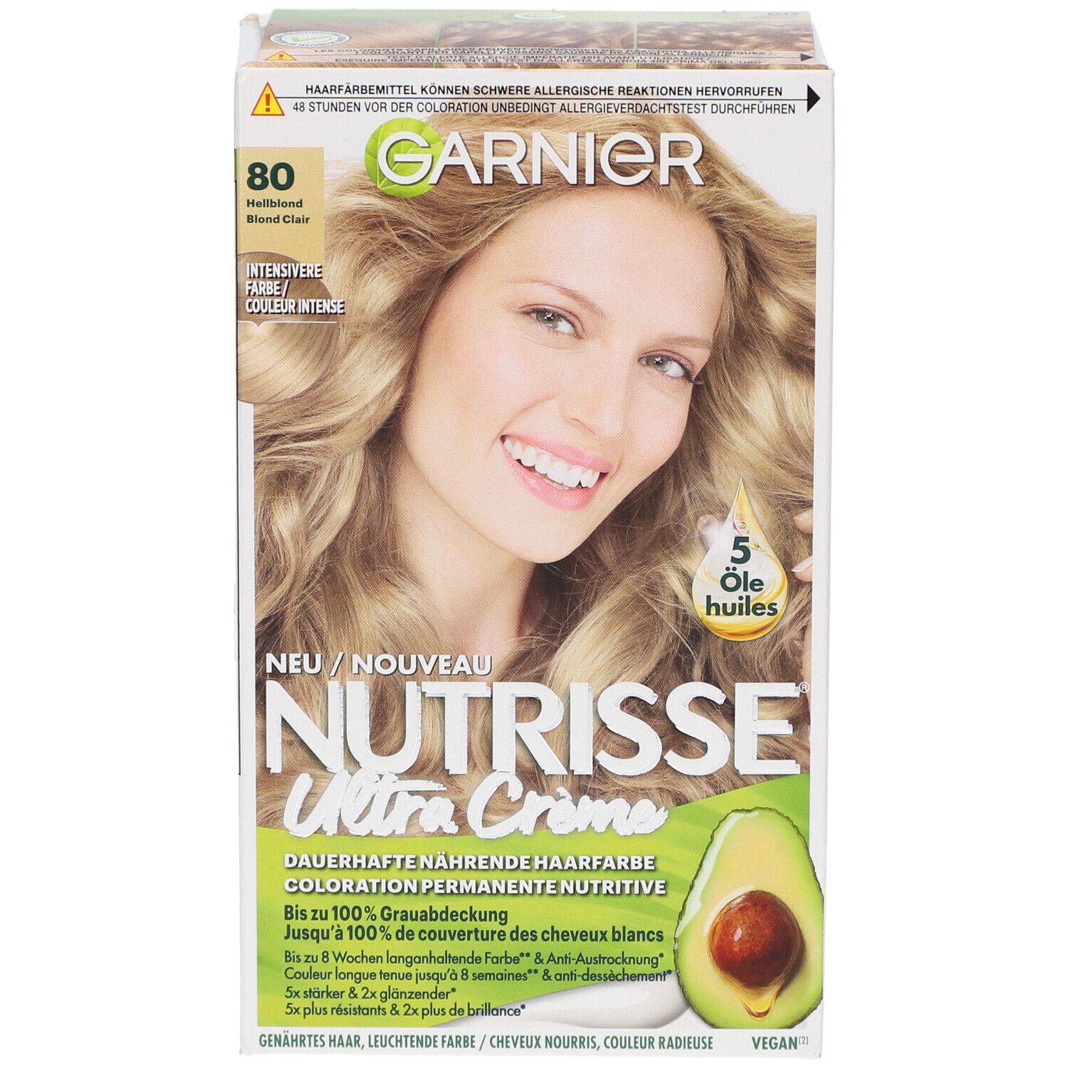 Garnier Nutrisse Ultra Crème, tint 80 Lichtblond. Vrouw met blond haar. Avocado-illustratie.