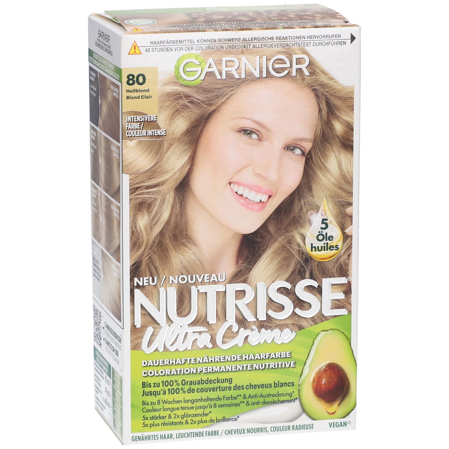 Garnier Nutrisse Ultra Crème, tint 80 Lichtblond. Vrouw met blond haar. Avocado-illustratie.