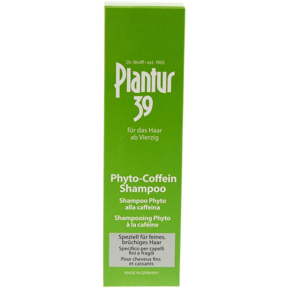 Boîte verte Plantur 39 Phyto-Caféine Shampoo. Texte: Pour les cheveux à partir de quarante ans. Spécial pour cheveux fins et cassants.