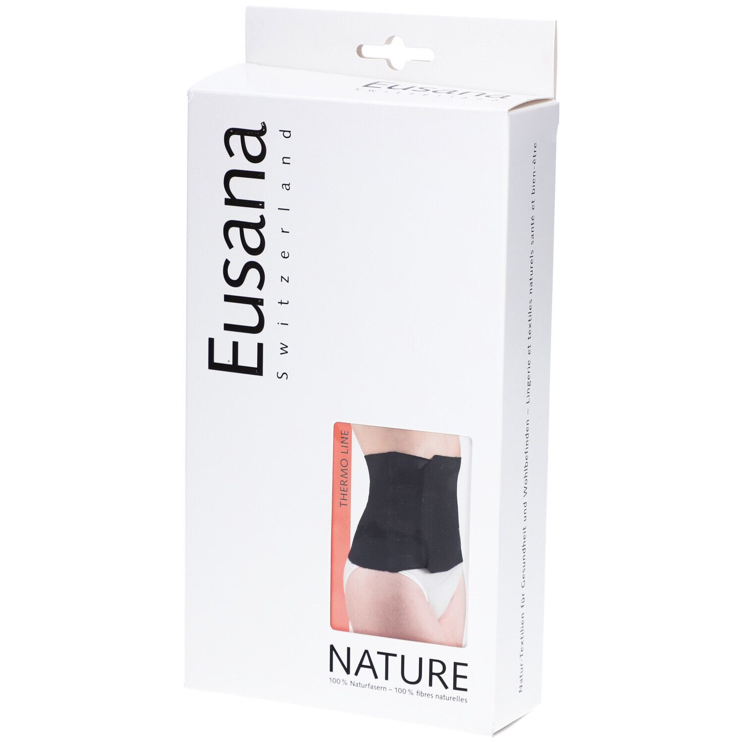 Emballage blanc avec image du produit. Ceinture lombaire noire avec fermeture velcro. Marque : Eusana Switzerland. Texte : NATURE.