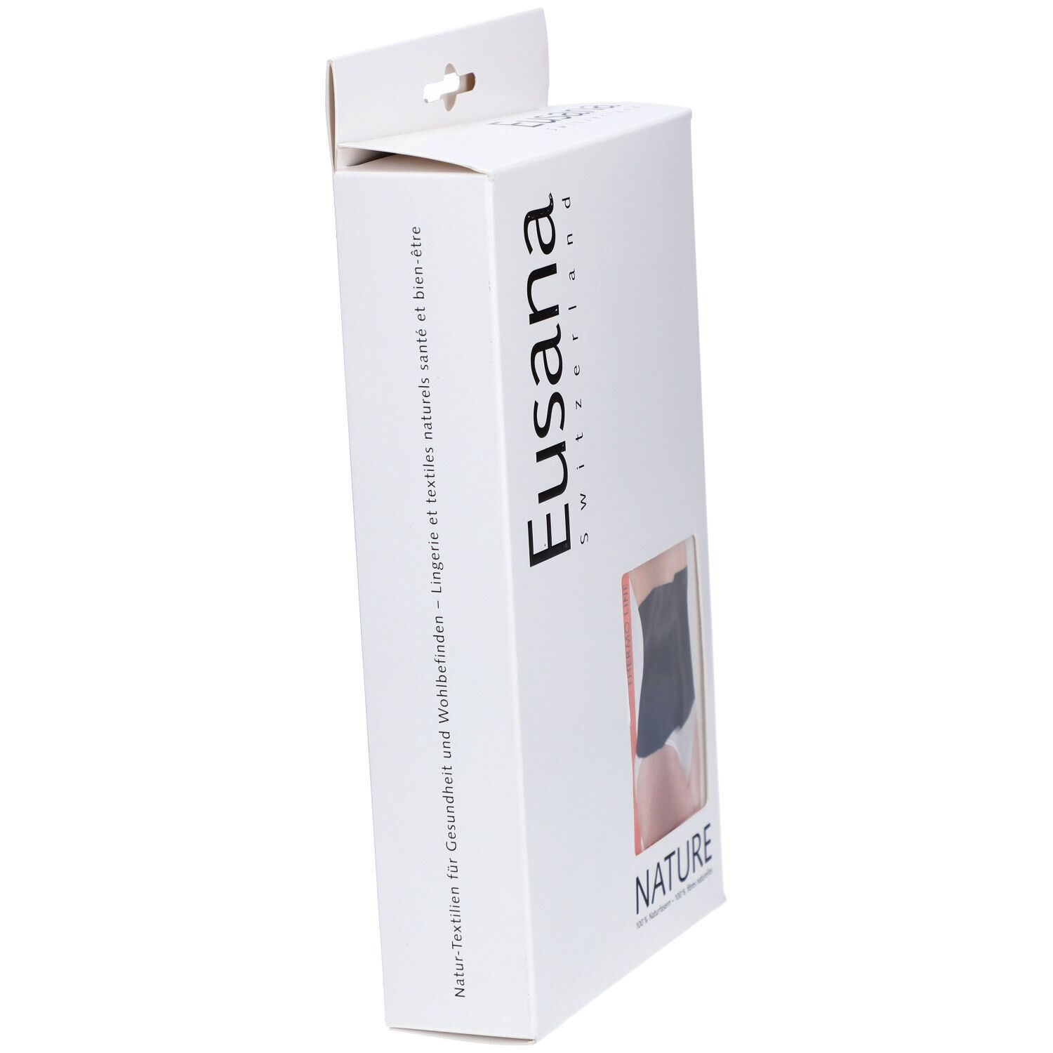 Emballage blanc incliné. Fenêtre avec ceinture lombaire noire. Marque : Eusana Switzerland. Texte : NATURE.
