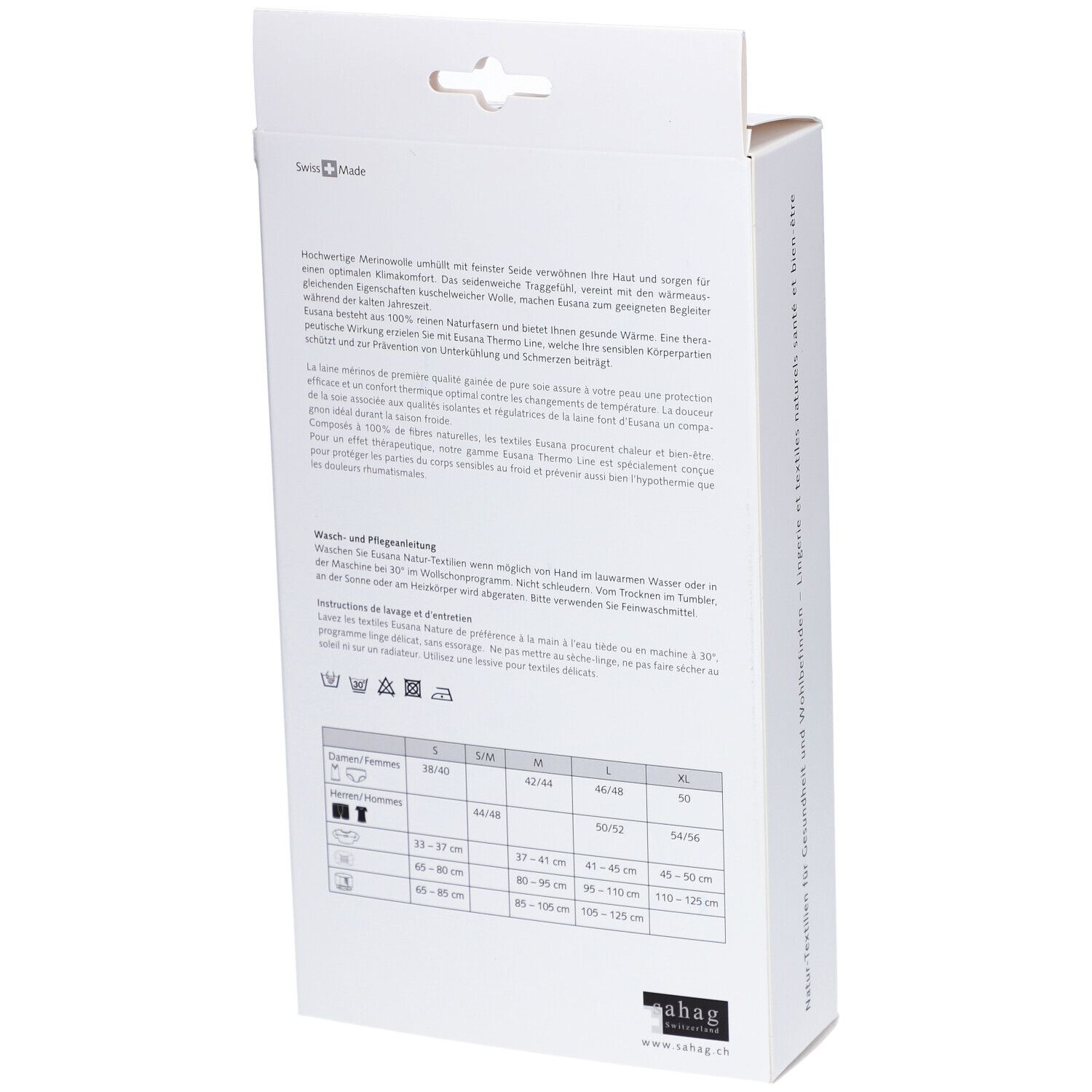 Dos de l'emballage. Texte en allemand, français, italien. Informations de taille pour la ceinture lombaire. Instructions de lavage.