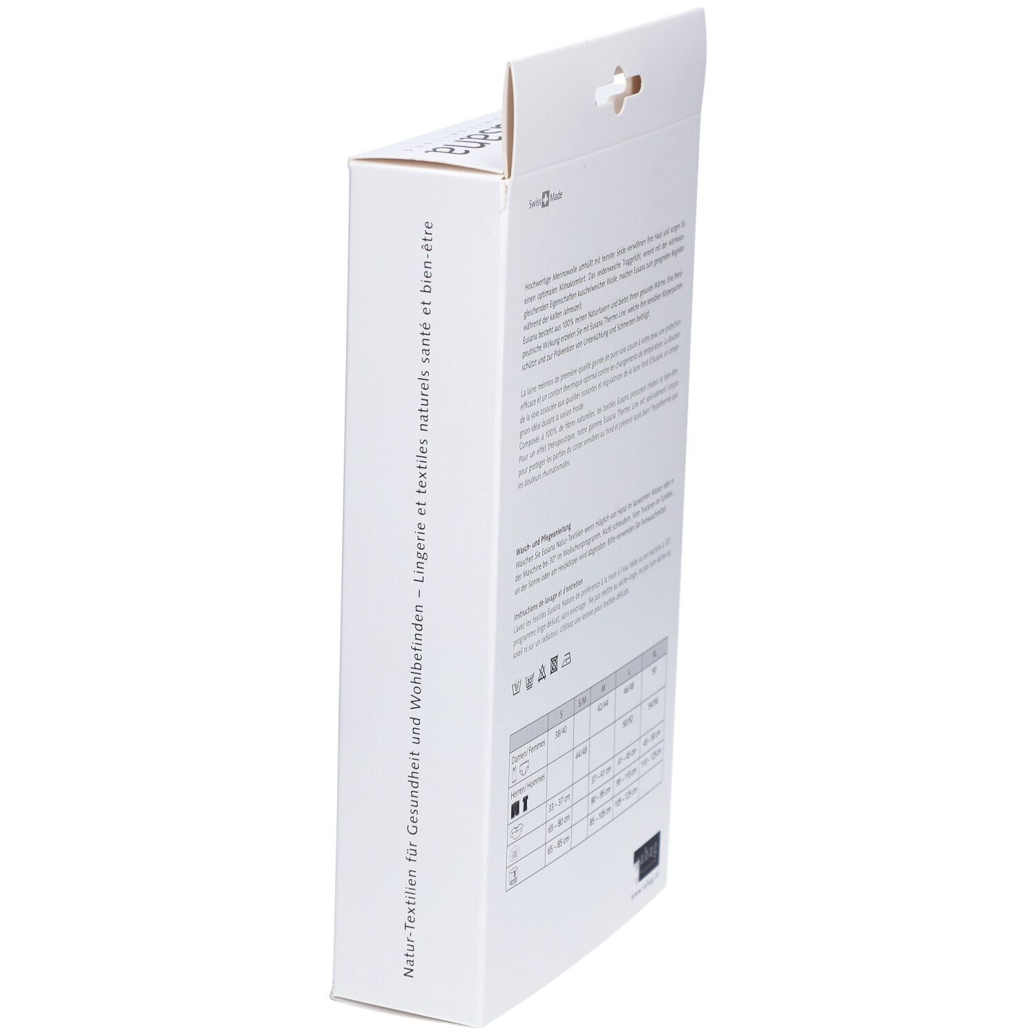 Emballage incliné. Texte en allemand, français, italien. Informations de taille pour la ceinture lombaire. Instructions de lavage.