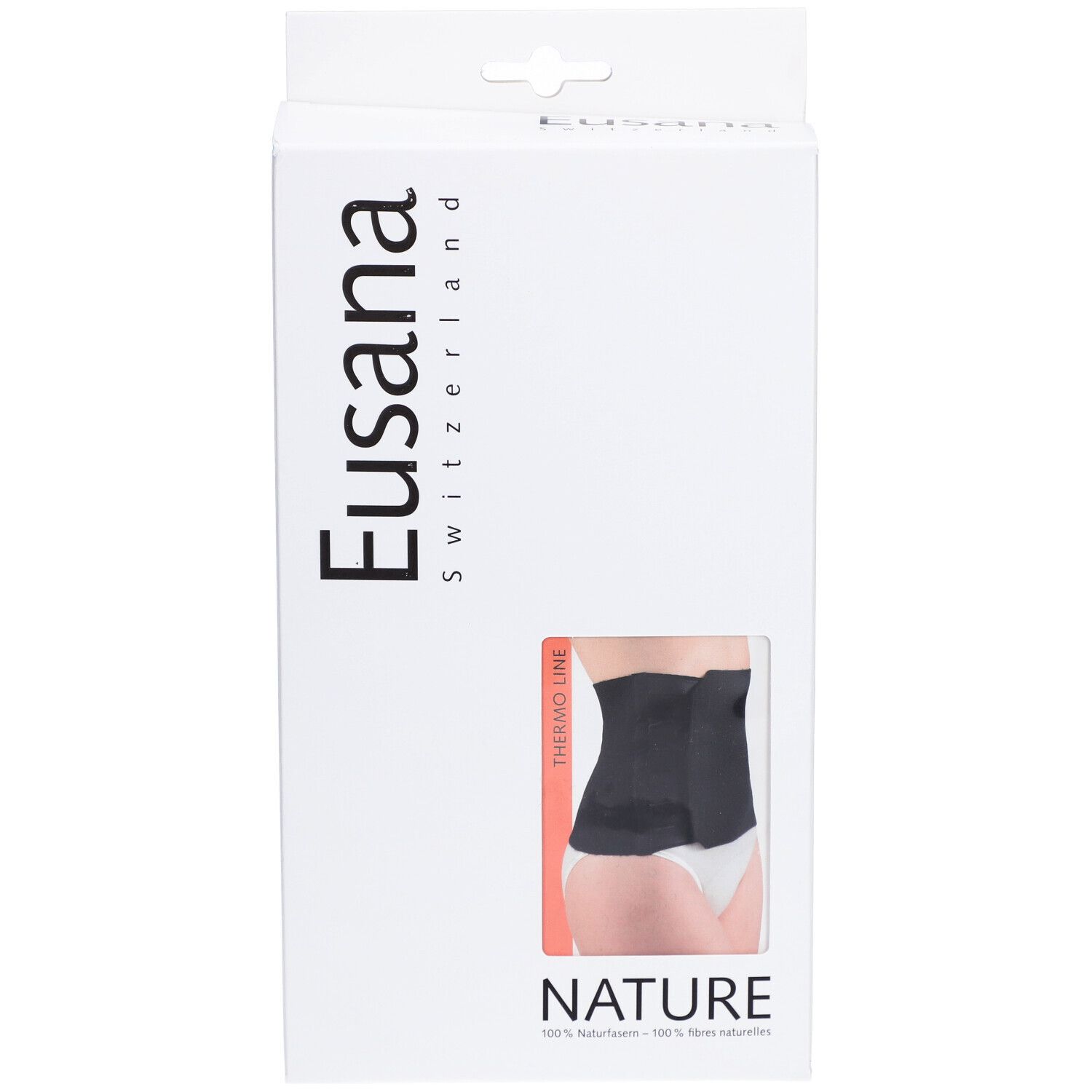 Emballage blanc avec image du produit. Ceinture lombaire noire avec fermeture velcro. Marque : Eusana Switzerland. Texte : NATURE.