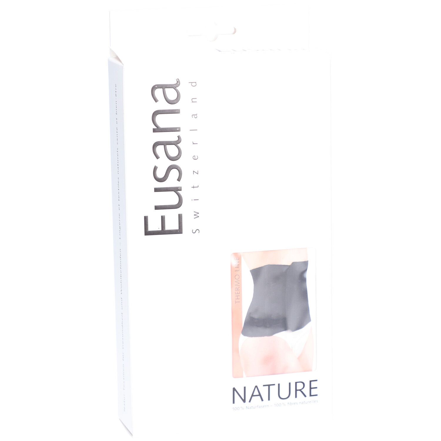 Emballage blanc incliné. Fenêtre avec ceinture lombaire noire. Marque : Eusana Switzerland. Texte : NATURE.