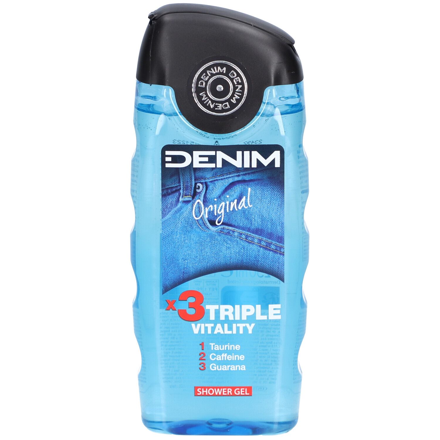 Blauwe douchegel met zwarte dop. Opschrift: DENIM Original Triple Vitality. Bevat taurine, cafeïne, guarana.