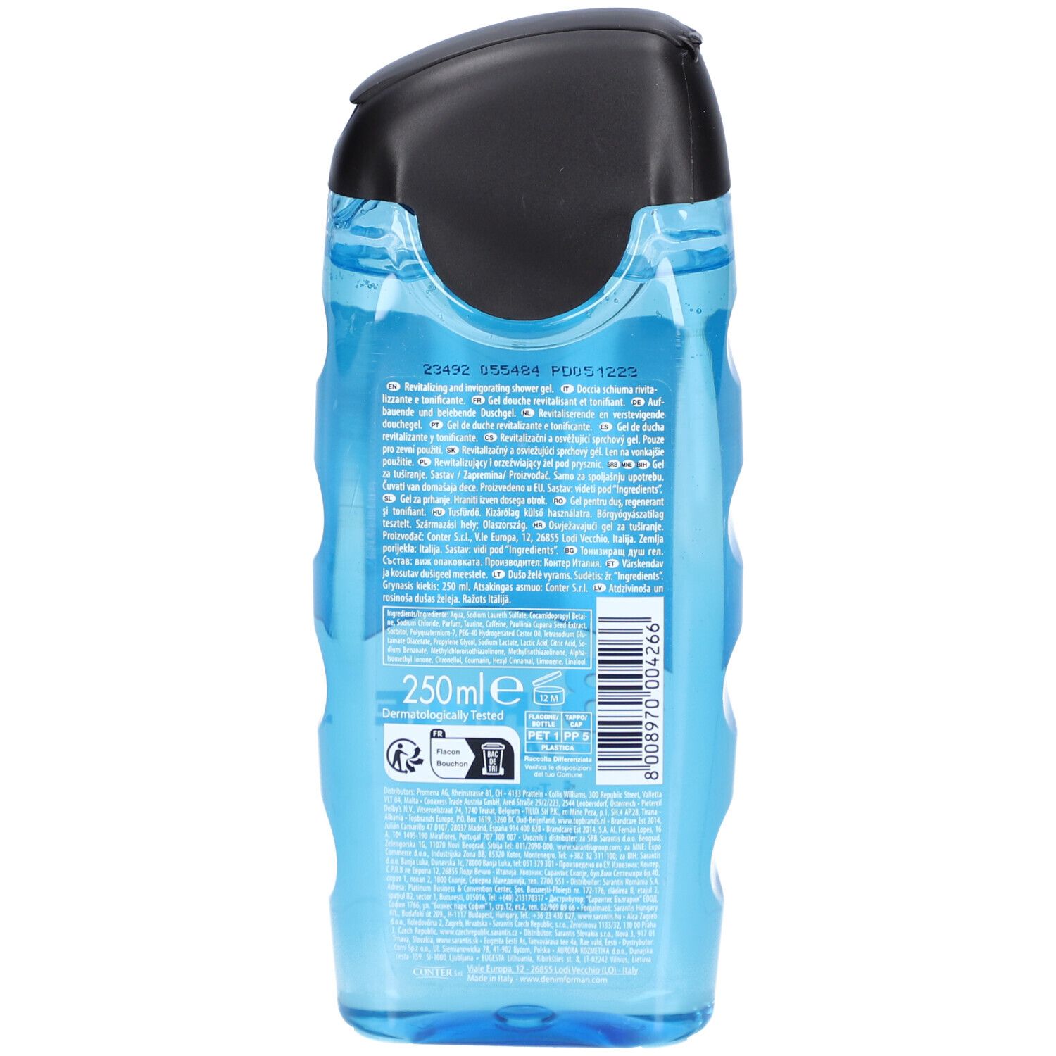 Achterkant van de blauwe douchegelfles. Zwarte dop. Bevat tekst en informatie. 250 ml. Dermatologisch getest.