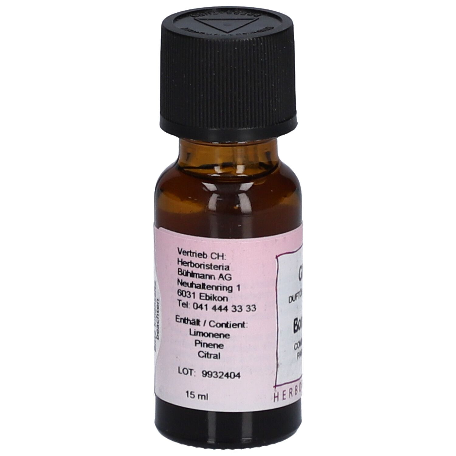 Bruine glazen fles met zwarte dop. Etiket met tekst en ingrediënten. Merk: HERBORISTERIA. Volume: 15 ml. Lotnummer: 9932404.