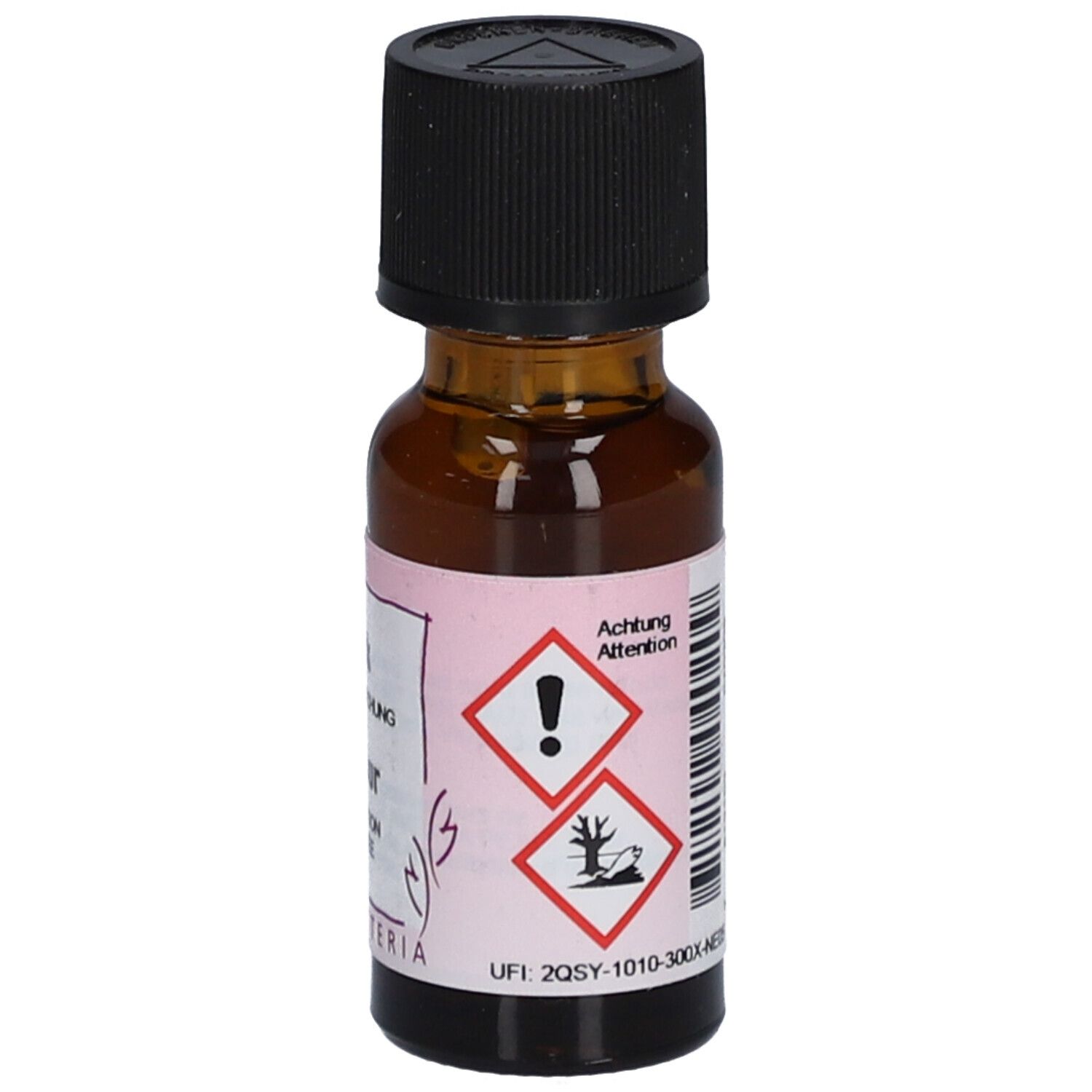 Bruine glazen fles met zwarte dop. Etiket met gevaarsymbolen en tekst. Merk: HERBORISTERIA. UFI-code.