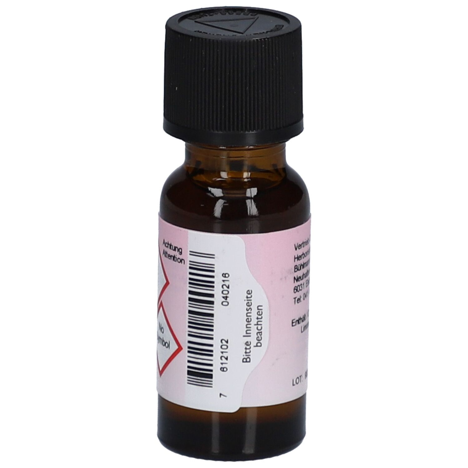 Flacon en verre brun avec bouchon noir. Étiquette avec symboles d'avertissement et texte: Bitte Innenseite beachten.