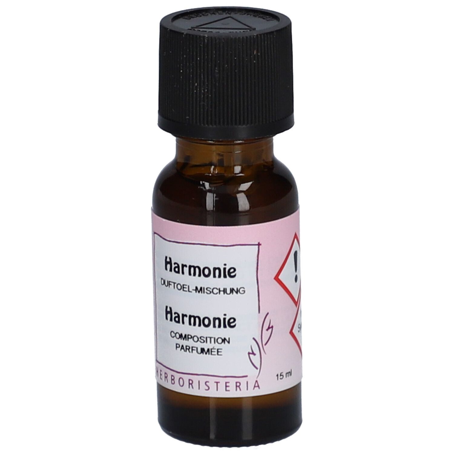Flacon en verre brun avec bouchon noir. Étiquette rose avec texte et symbole d'avertissement. 15 ml.