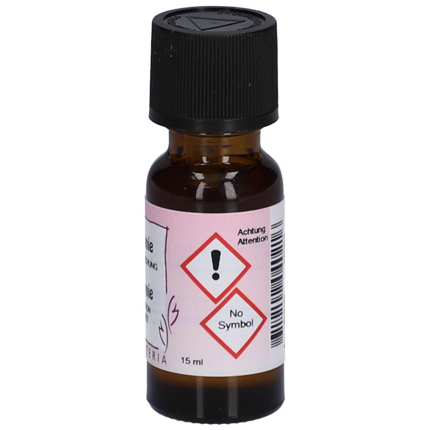 Flacon en verre brun avec bouchon noir. Étiquette avec symboles d'avertissement et texte. 15 ml.