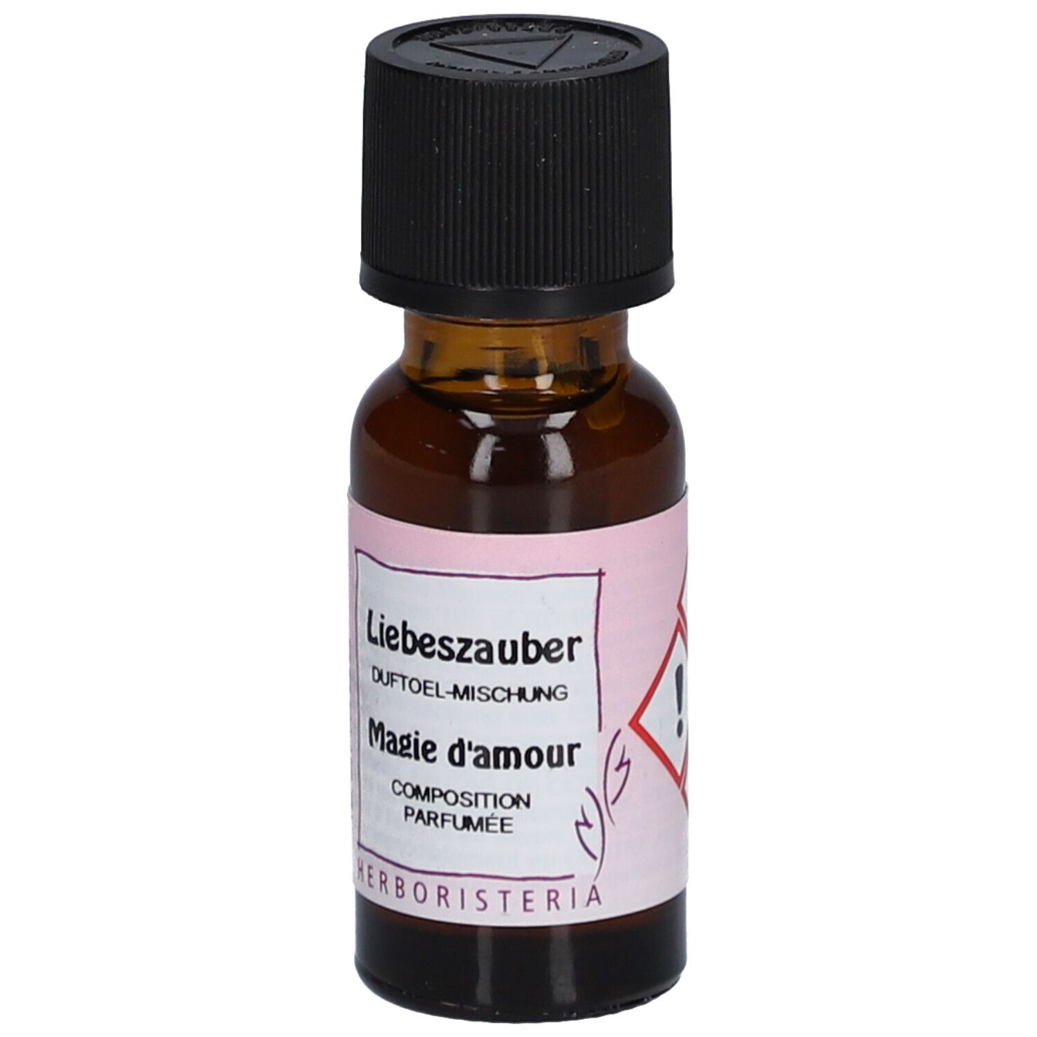 Bruine glazen fles met zwarte dop. Etiket met tekst: Liebeszauber, Magie d'amour, en gevaarsymbool.