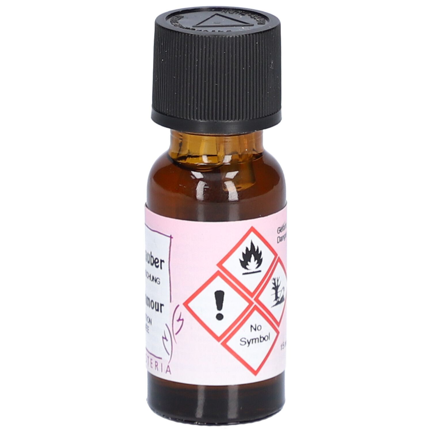 Bruine glazen fles met zwarte dop. Etiket met gevaarsymbolen en tekst: Liebeszauber, Magie d'amour.