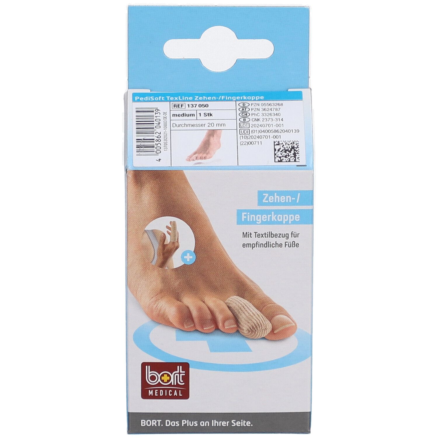 Emballage de protège-orteils/doigts. Nom du produit et marque visibles. Taille moyenne, 1 pièce.