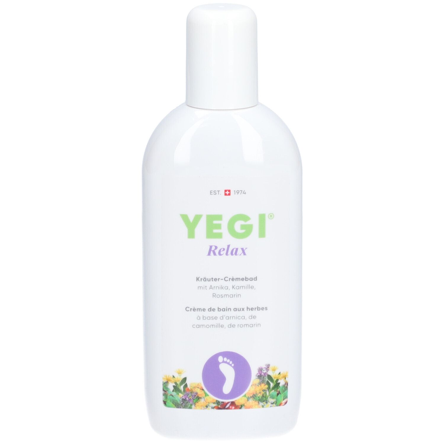 Witte fles met groen en paars etiket. Tekst: YEGI Relax, Kräuter-Crèmebad. Afbeelding van een voet in een cirkel.