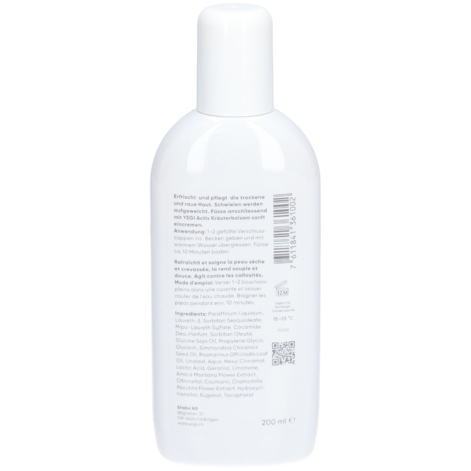 Achterkant van de witte fles. Tekst en barcode op witte achtergrond. Volume-aanduiding: 200 ml.