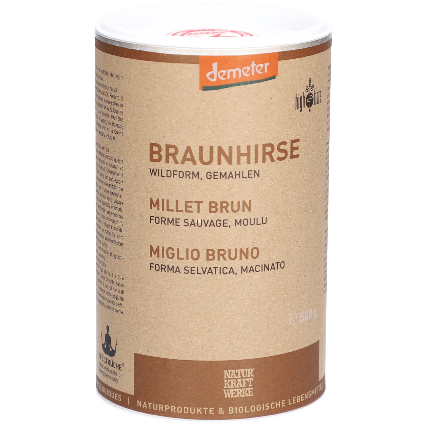 Boîte cylindrique avec "BRAUNHIRSE" et "NATURKRAFTWERKE". Logo Demeter. Texte en allemand, français et italien.