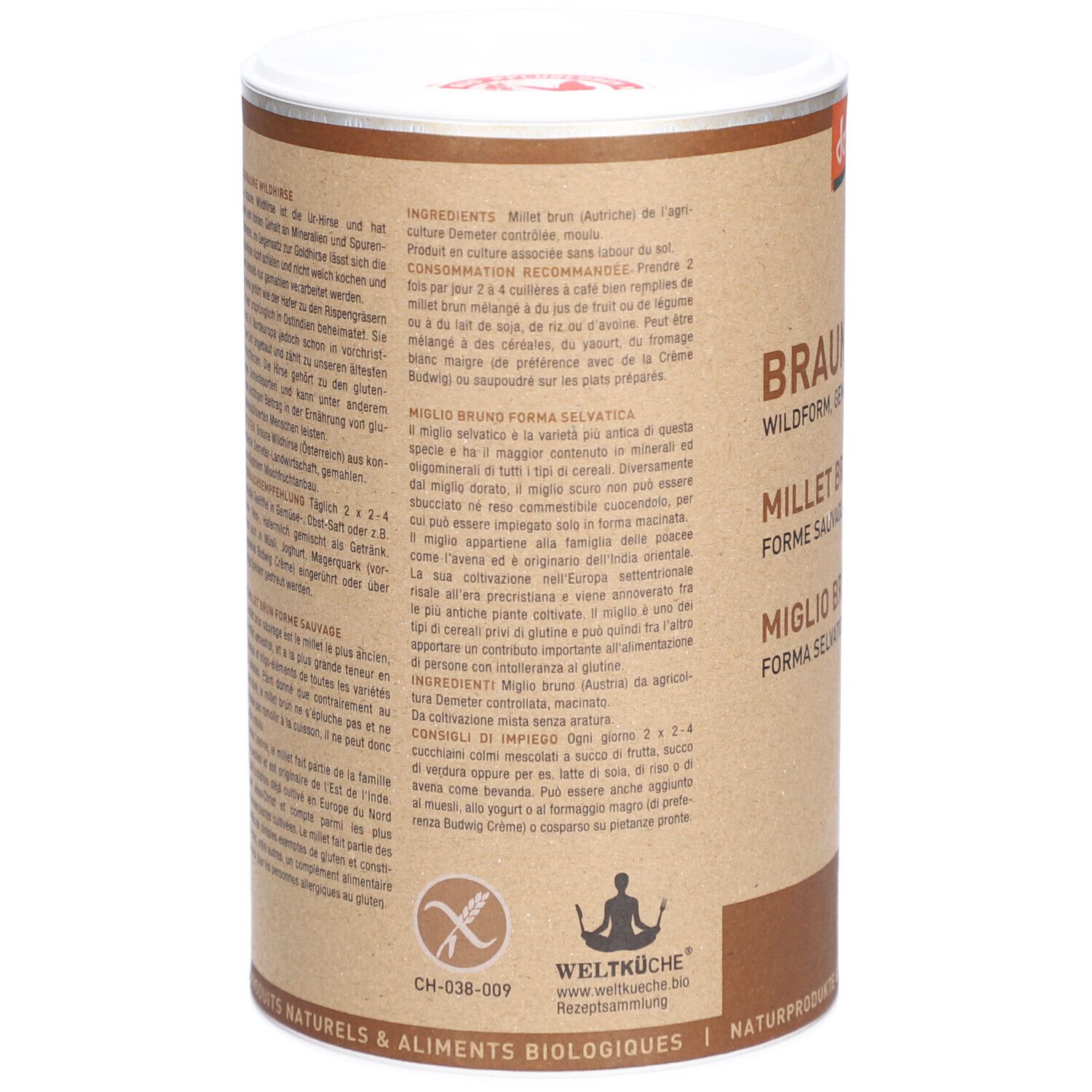 Dos de la boîte avec texte multilingue. Contient des informations sur les ingrédients et les valeurs nutritionnelles. Logo sans gluten.