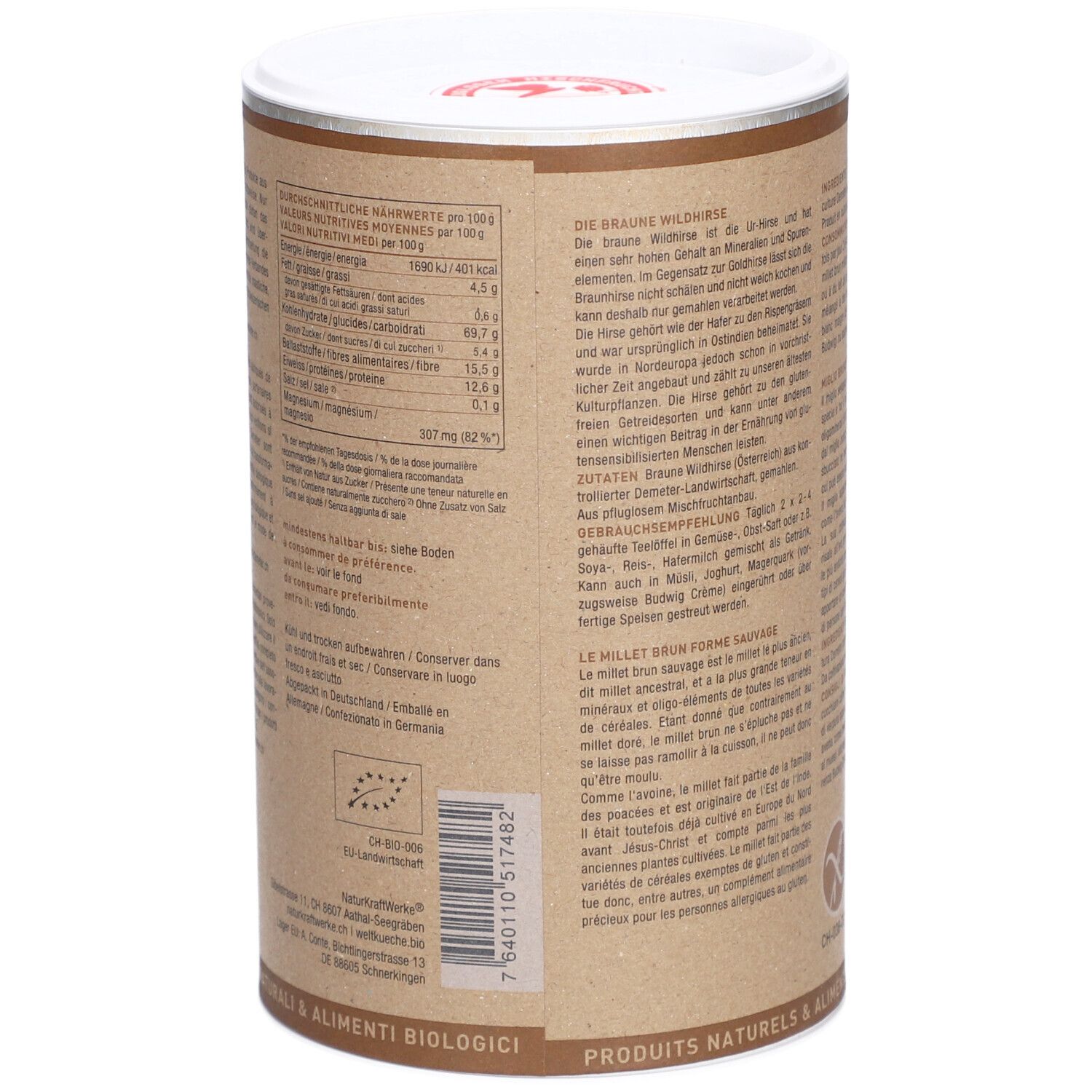 Boîte avec informations nutritionnelles et texte multilingue. Label bio. Contient des informations sur les ingrédients.