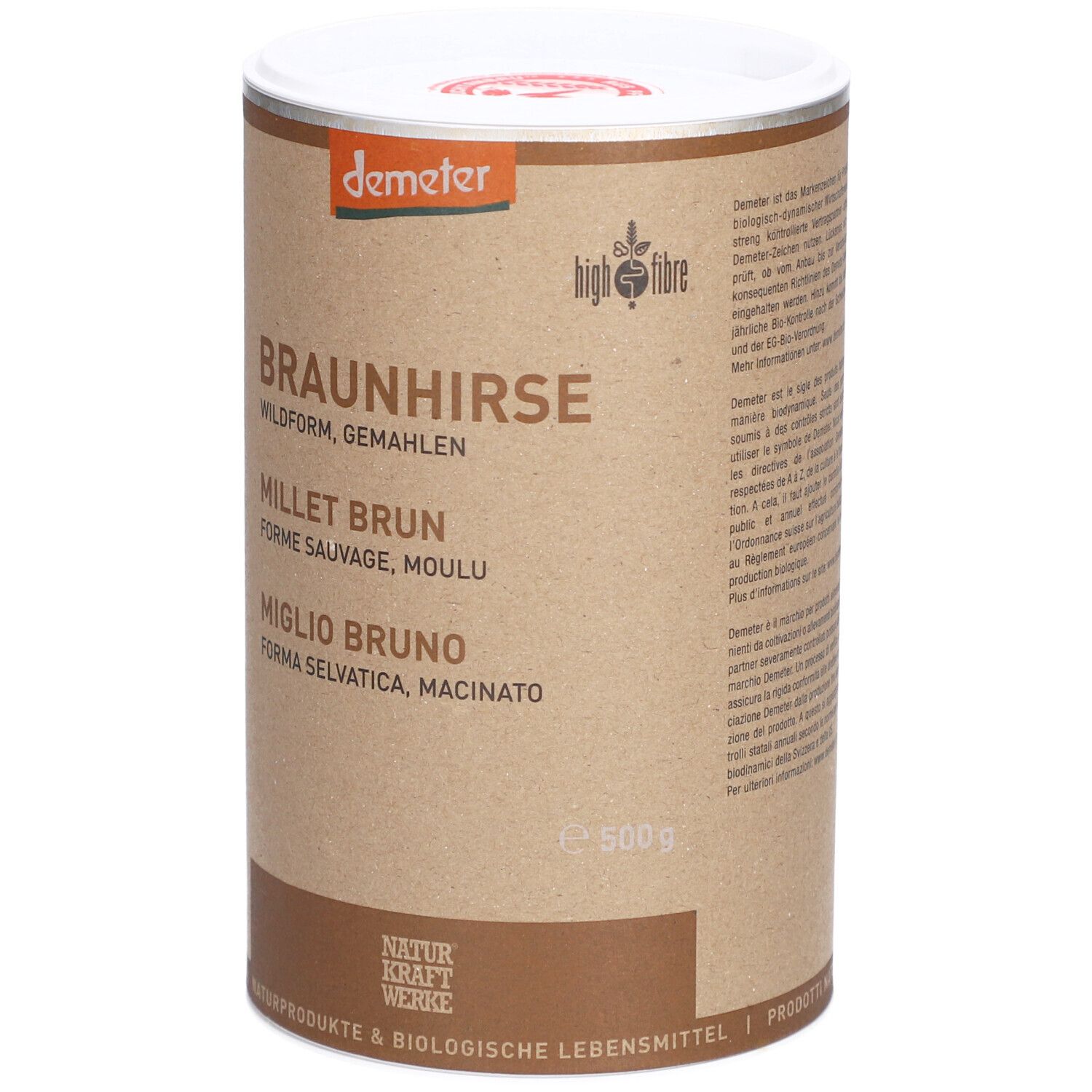 Boîte cylindrique avec "BRAUNHIRSE" et "NATURKRAFTWERKE". Logo Demeter. Contient des informations sur les fibres.
