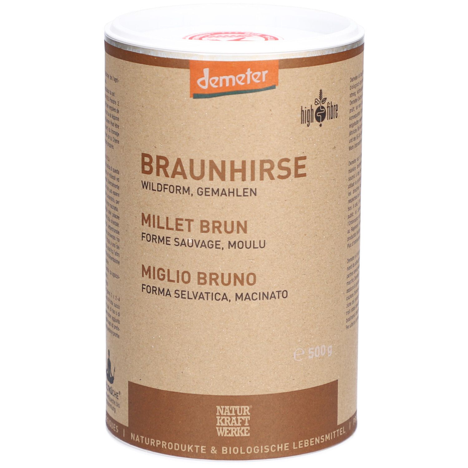 Boîte cylindrique avec "BRAUNHIRSE" et "NATURKRAFTWERKE". Logo Demeter. Texte en allemand, français et italien.