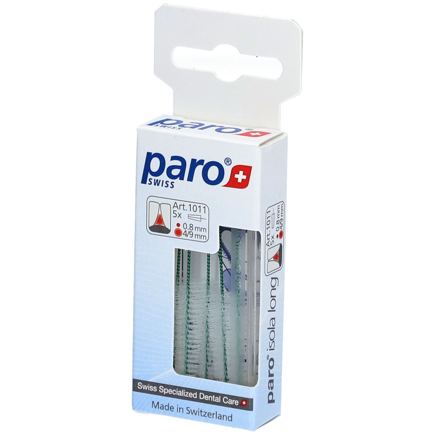 Paquet de brossettes interdentaires paro® Isola Long. Contient 5 pièces, 0,8mm/4-9mm. Marque et logo visibles.