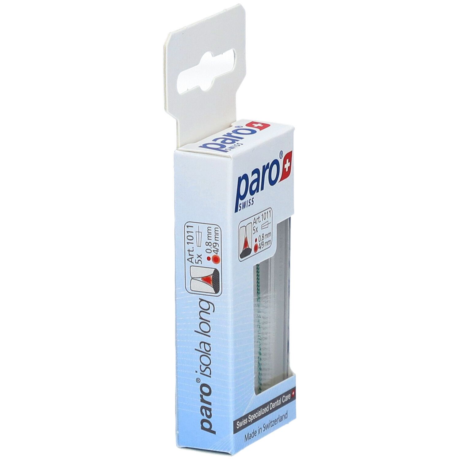 Vue latérale du paquet paro® Isola Long. Contient 5 brossettes. Dimensions: 0,8mm/4-9mm.