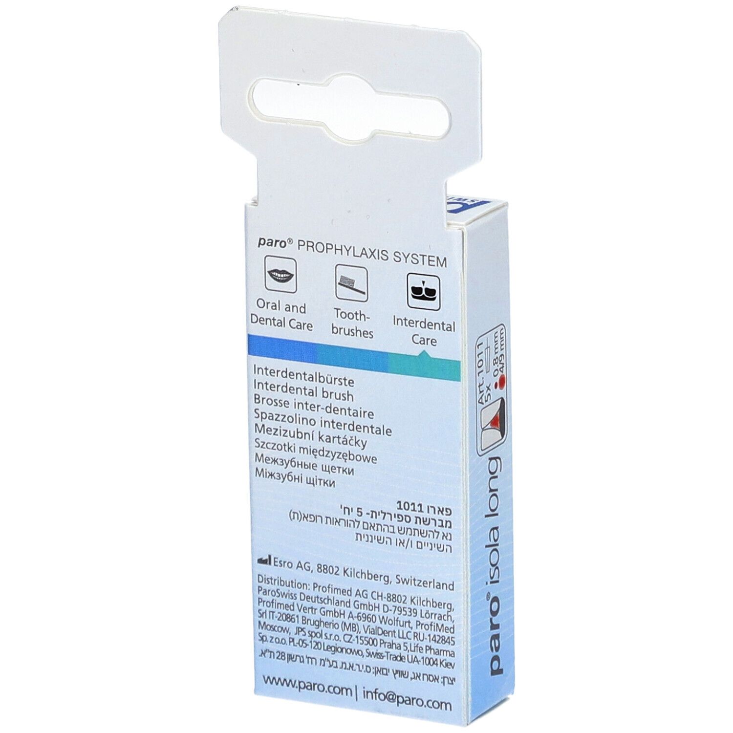 Dos du paquet paro® Isola Long. Texte multilingue. Informations sur les brossettes interdentaires.