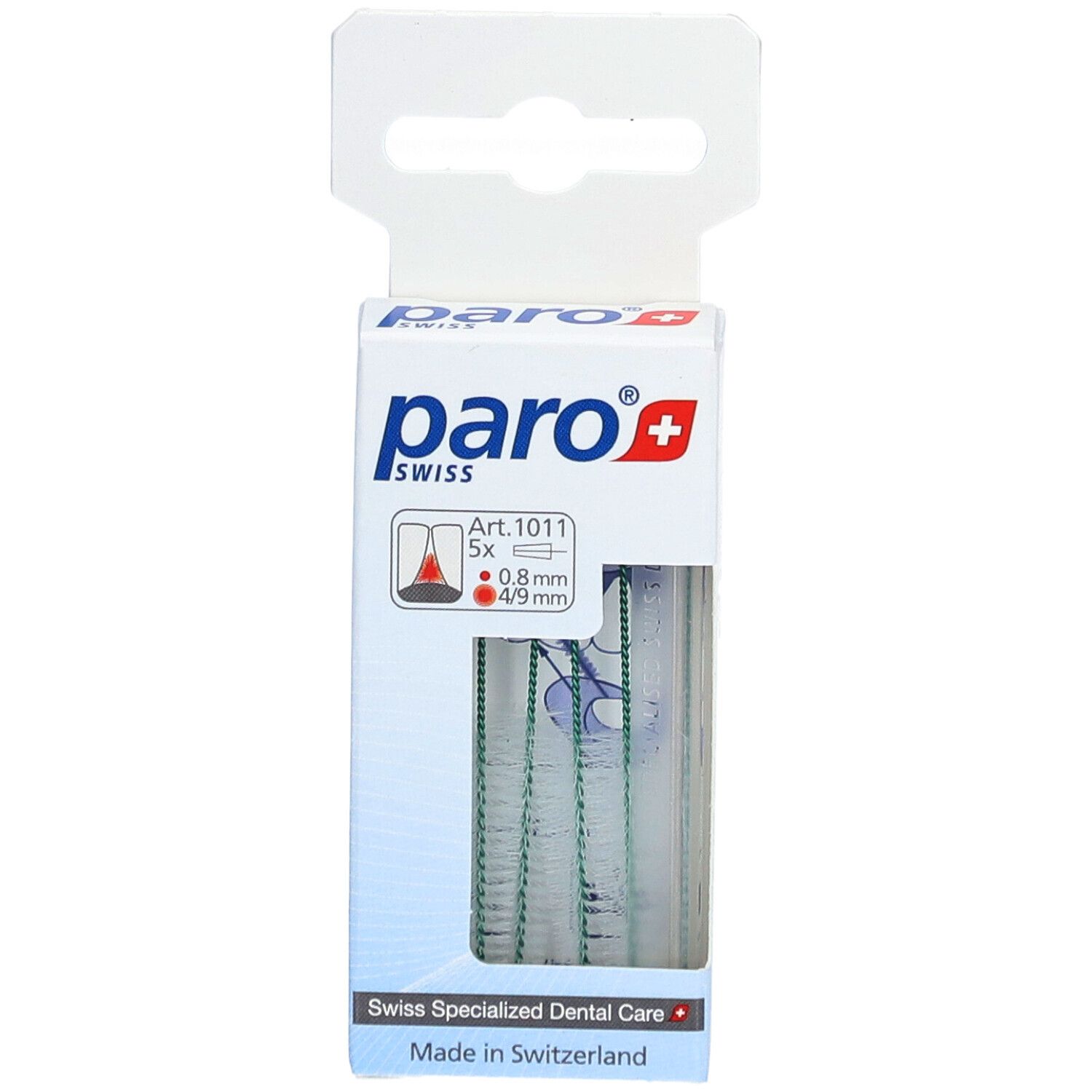Paquet de brossettes interdentaires paro® Isola Long. Contient 5 pièces, 0,8mm/4-9mm. Marque et logo visibles.