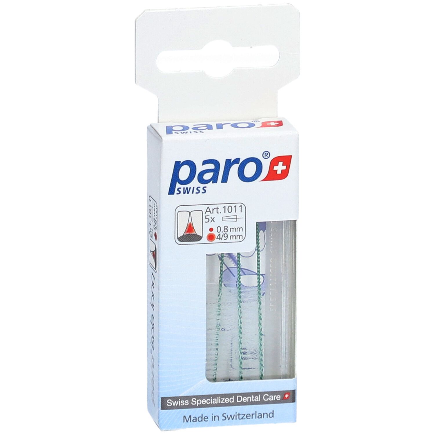 Paquet de brossettes interdentaires paro® Isola Long. Contient 5 pièces, 0,8mm/4-9mm. Marque et logo visibles.