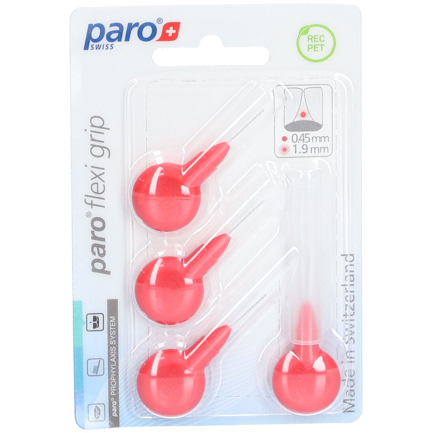 Rode tandenstokers, 1,9 mm. Blisterverpakking met 4 stuks. Merk paro® flexi grip.
