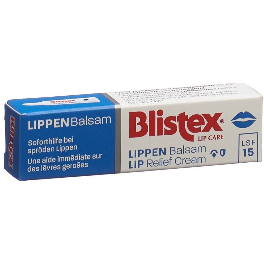 Blistex Baume à Lèvres boîte avec applicateur de rouge à lèvres et informations produit.