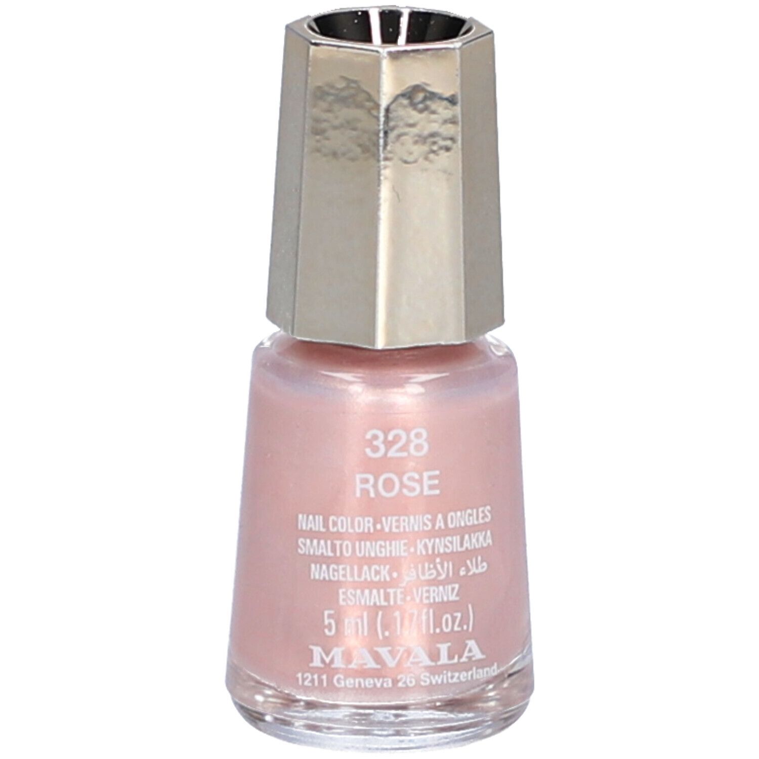 Flacon de vernis à ongles rose. Bouchon argenté. Inscription: 328 Rose, Nail Color, 5 ml.