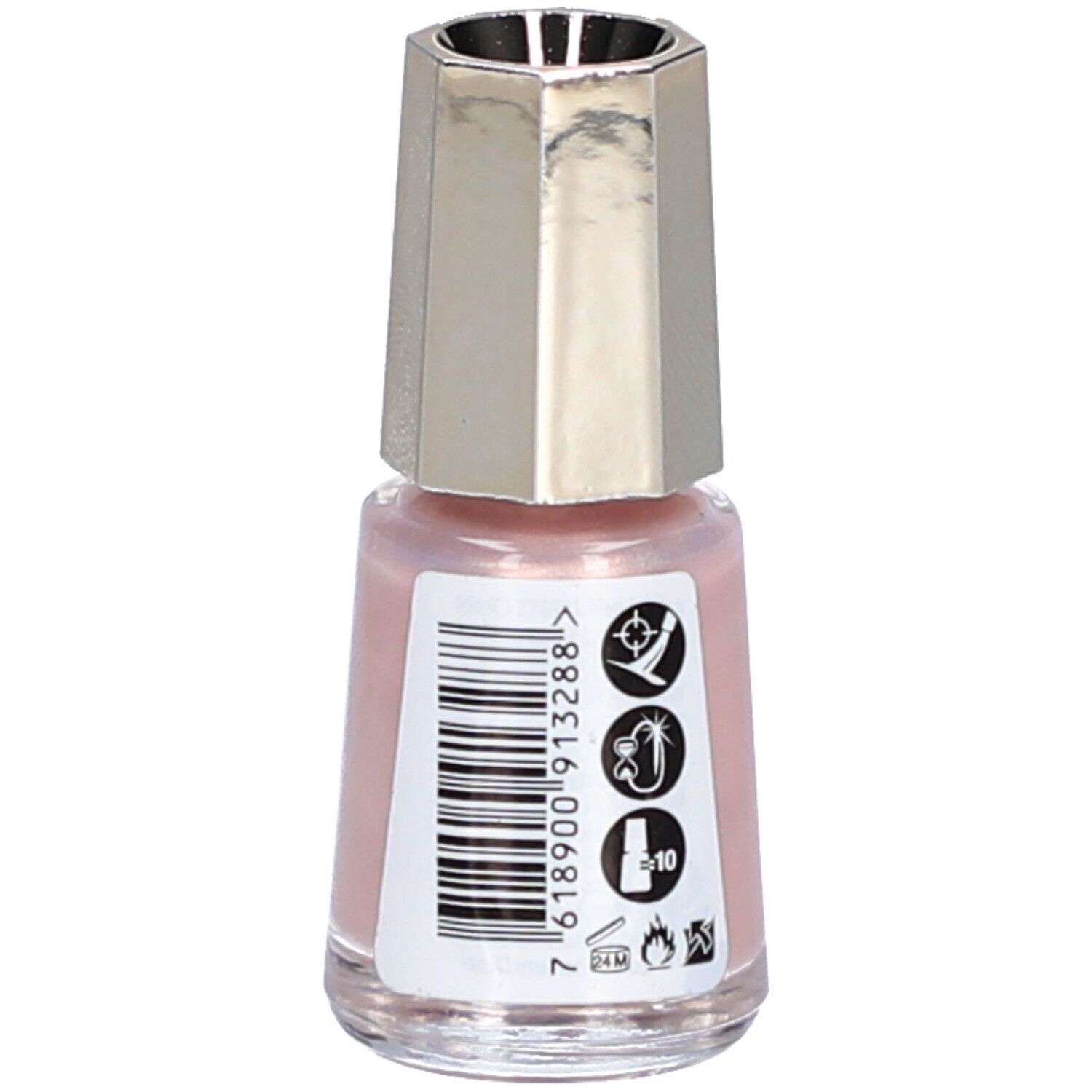 Flacon de vernis à ongles rose. Bouchon argenté. Dos avec code-barres et symboles.