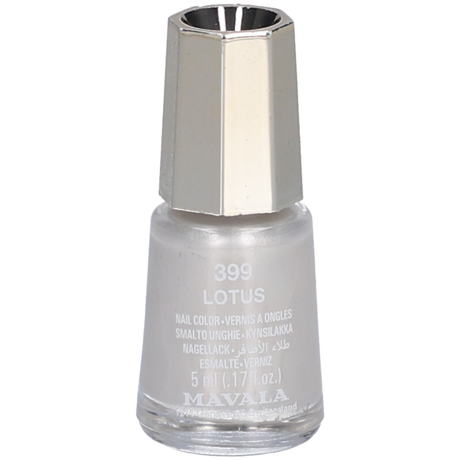 Flacon de vernis à ongles avec bouchon argenté. Inscription : 399 Lotus, vernis à ongles, 5 ml, Mavala.