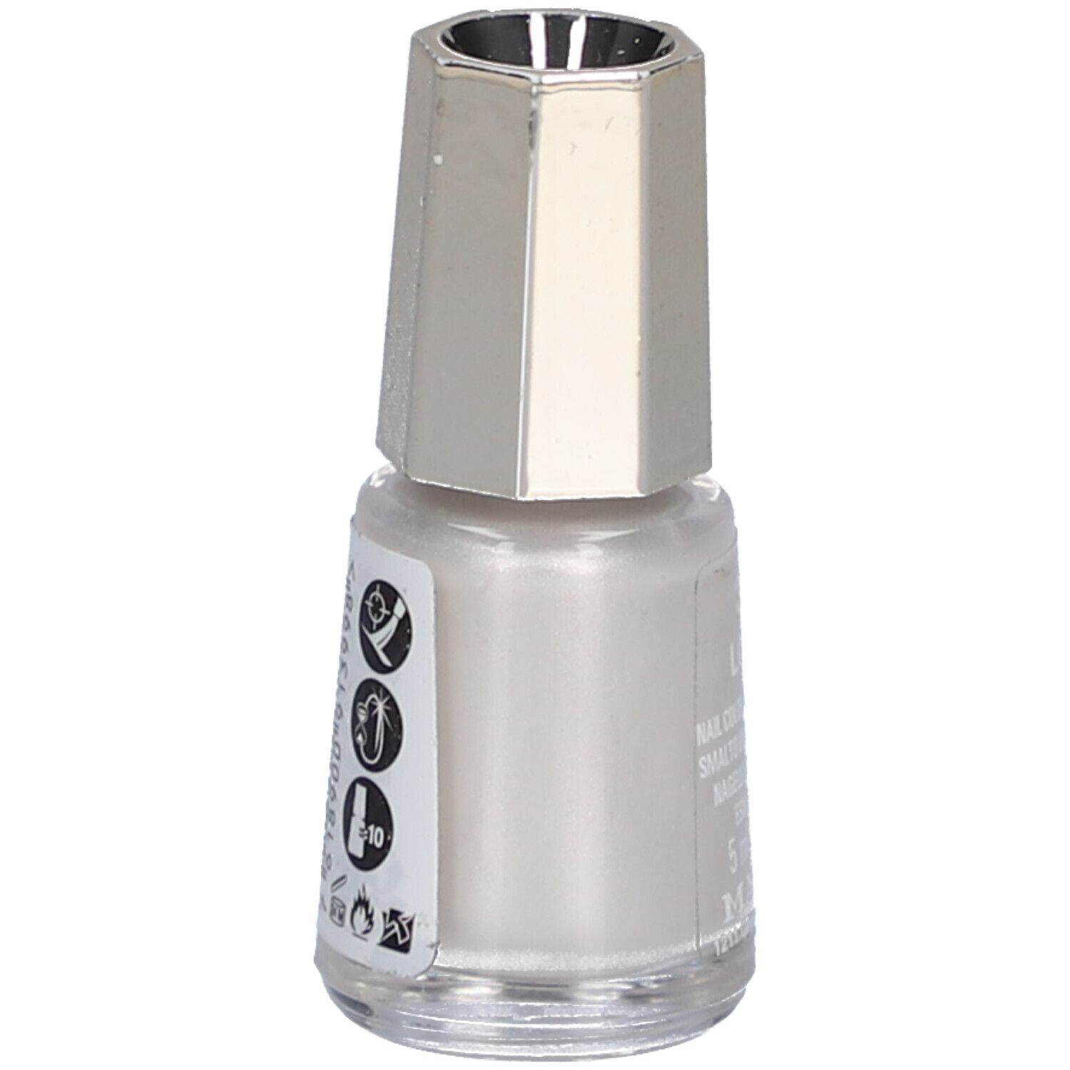 Flacon de vernis à ongles avec bouchon argenté. Autocollant avec symboles et texte.