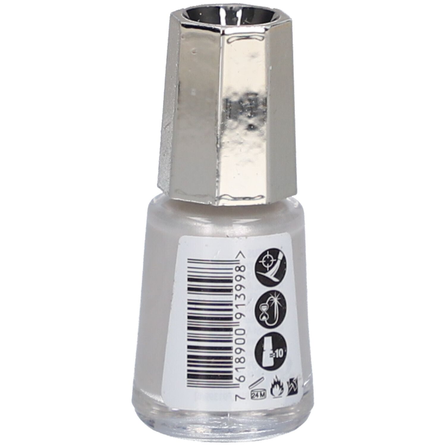 Flacon de vernis à ongles avec bouchon argenté. Autocollant avec code-barres et texte.