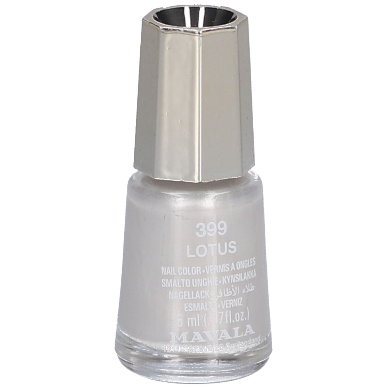 Flacon de vernis à ongles avec bouchon argenté. Inscription : 399 Lotus, vernis à ongles, 5 ml, Mavala.
