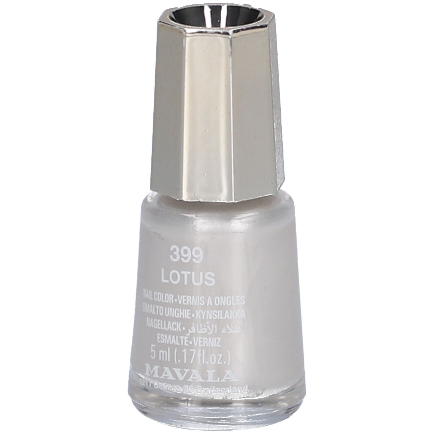 Flacon de vernis à ongles avec bouchon argenté. Inscription : 399 Lotus, vernis à ongles, 5 ml, Mavala.