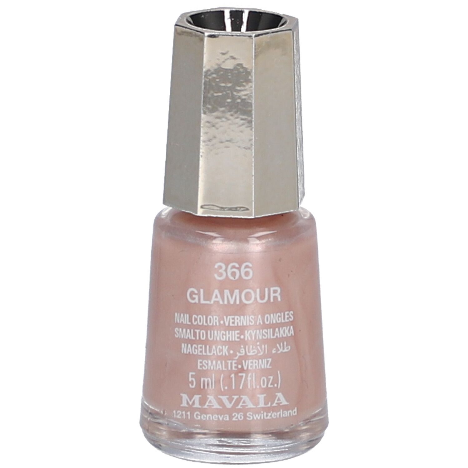 Flacon de vernis à ongles rose avec bouchon argenté. Inscription : Glamour 366, 5 ml, Mavala.