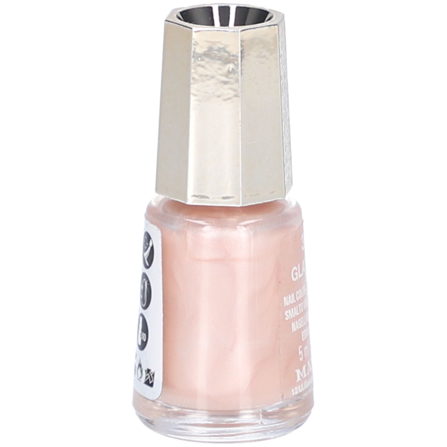 Flacon de vernis à ongles rose avec bouchon argenté. Autocollant avec symboles et texte.