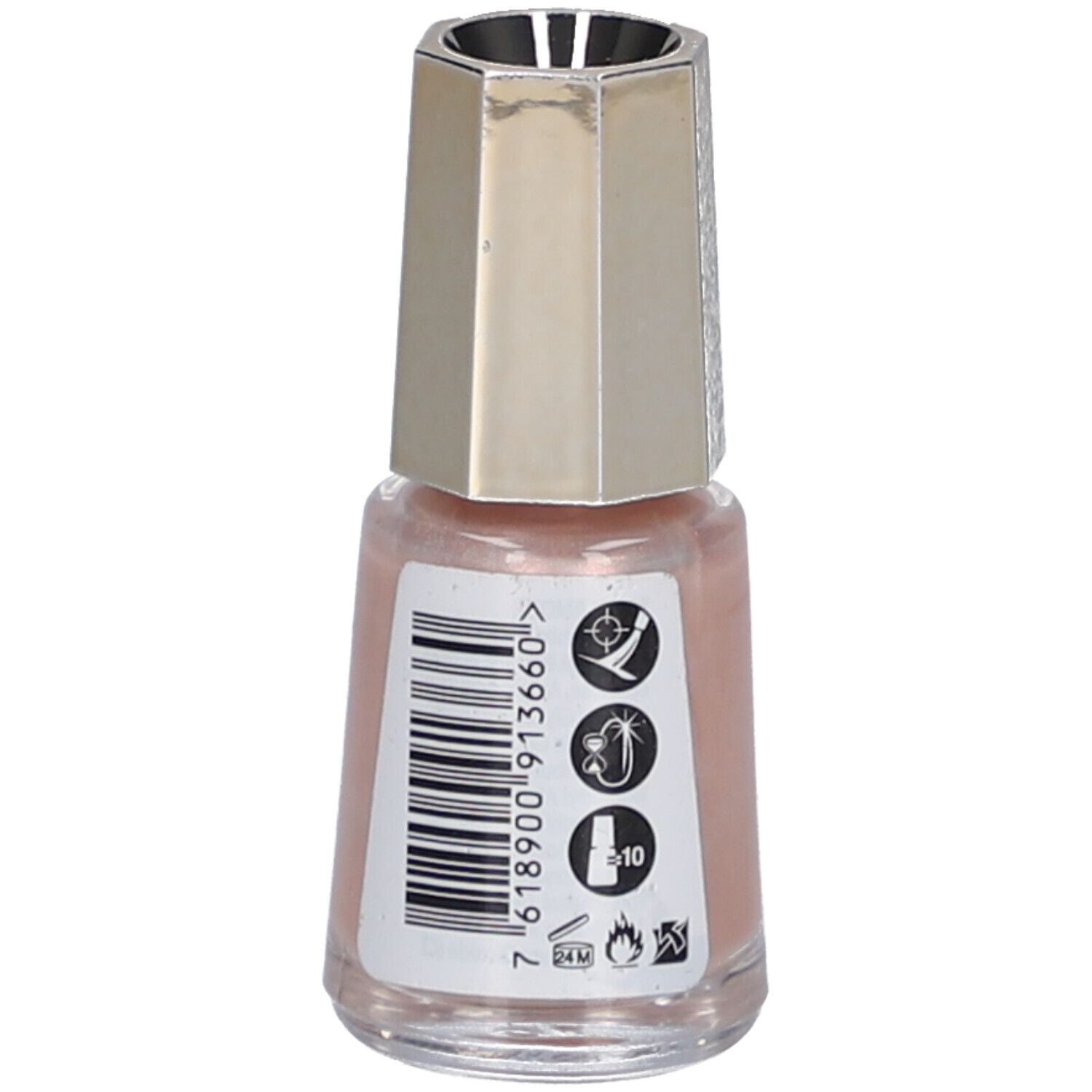 Flacon de vernis à ongles rose avec bouchon argenté. Dos avec code-barres et symboles.
