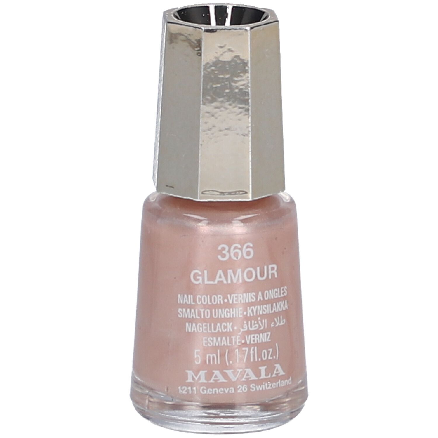 Flacon de vernis à ongles rose avec bouchon argenté. Inscription : Glamour 366, 5 ml, Mavala.