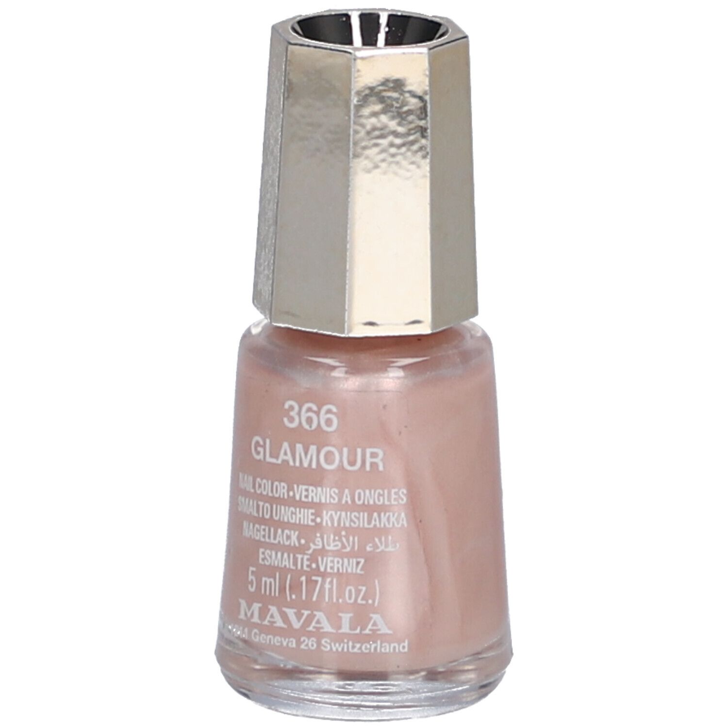 Flacon de vernis à ongles rose avec bouchon argenté. Inscription : Glamour 366, 5 ml, Mavala.